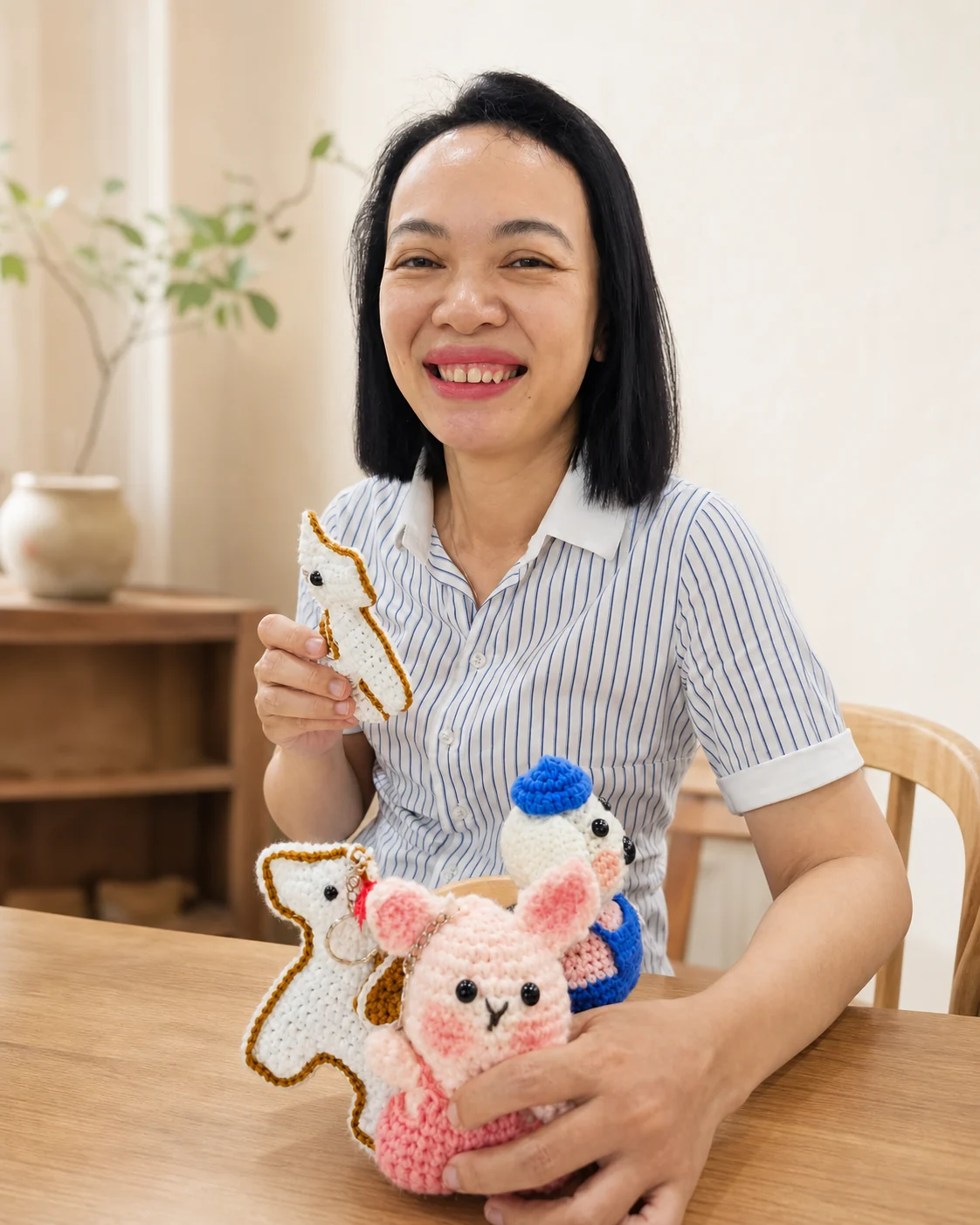 Khách hàng vui vẻ bên những món đồ len thủ công