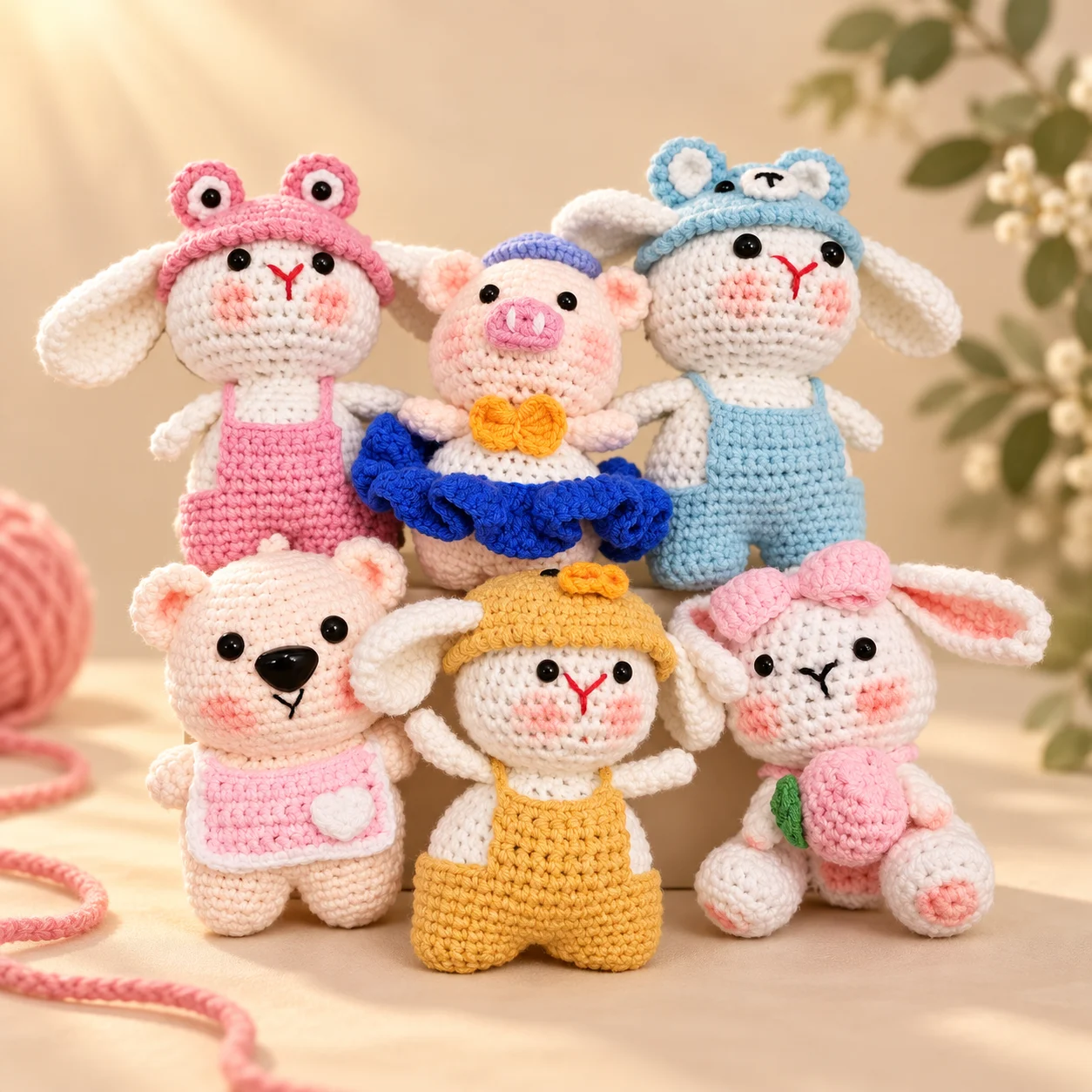 Bộ thú len pastel gồm thỏ heo gấu nhiều màu