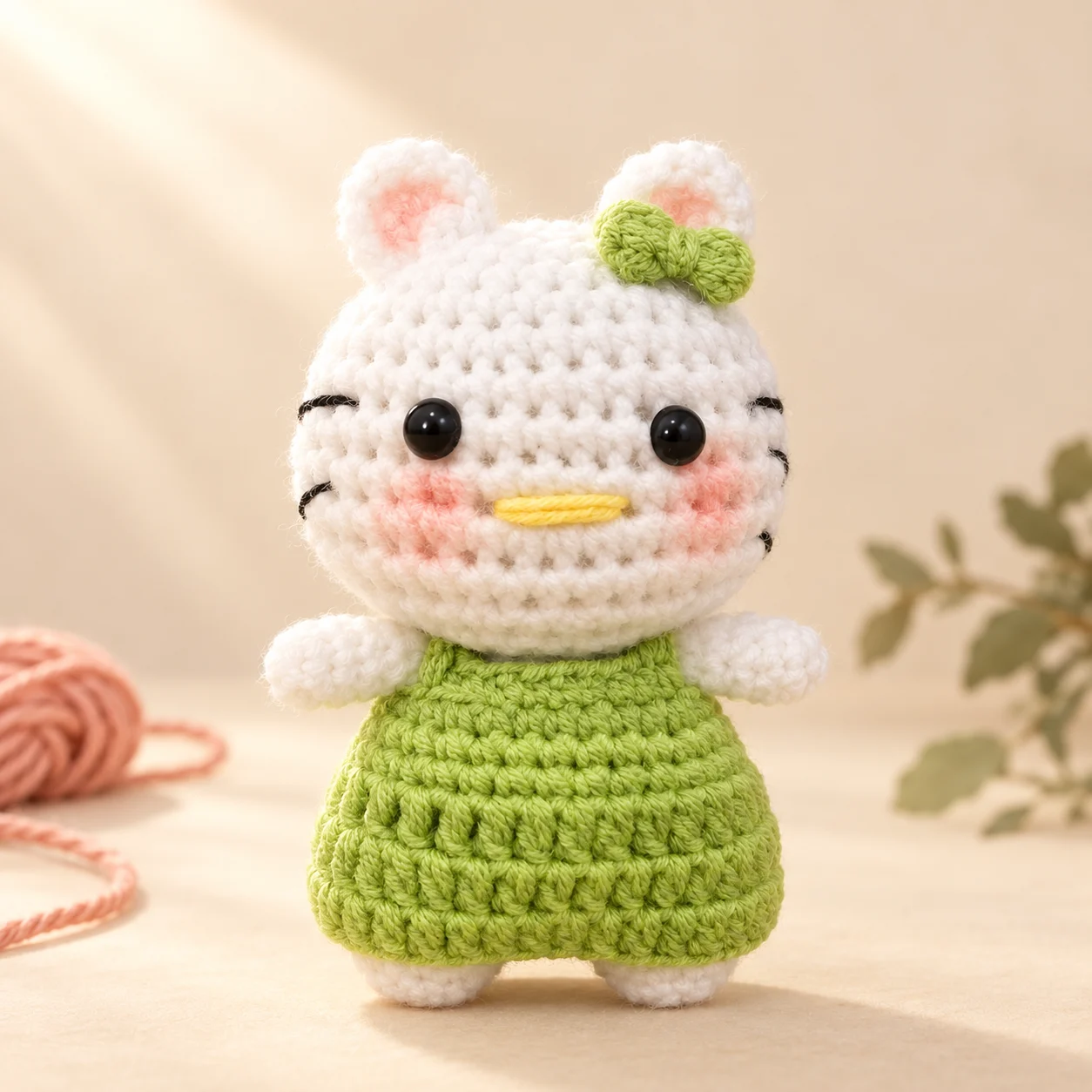 Mèo len trắng mặc váy xanh lá